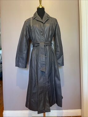 Vtg 70s Montgomery Ward The Tannery Gray Leather Belted Trench Coat 7/8